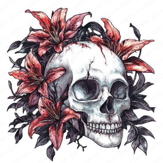 Skull with Wilted Lilies fussy cut sheet in US Letter format showing all 12 designs on one printable page
