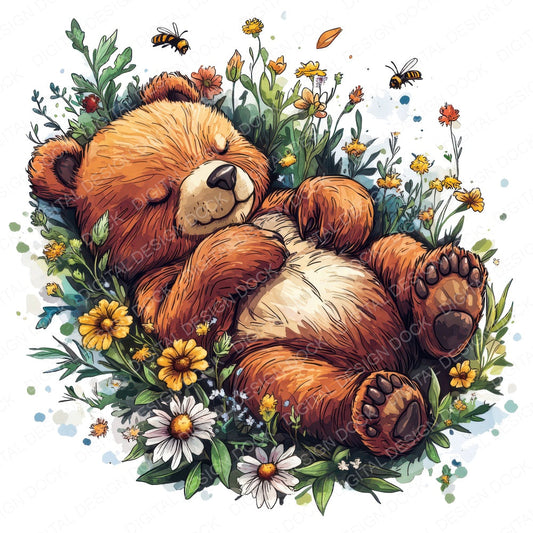 Sleeping Bear in Wildflowers fussy cut sheet in US Letter format showing all 12 designs on one printable page