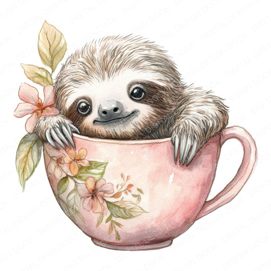 Sloth in Orchid Teacup fussy cut sheet in US Letter format showing all 12 designs on one printable page