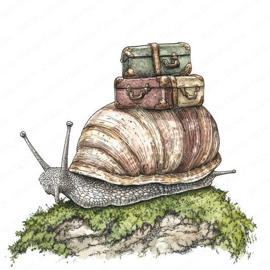 Snail with Tiny Suitcase fussy cut sheet in US Letter format showing all 12 designs on one printable page