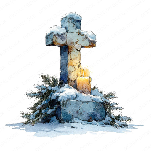 Snow Covered Stone Cross Clipart Set (DDD006602)