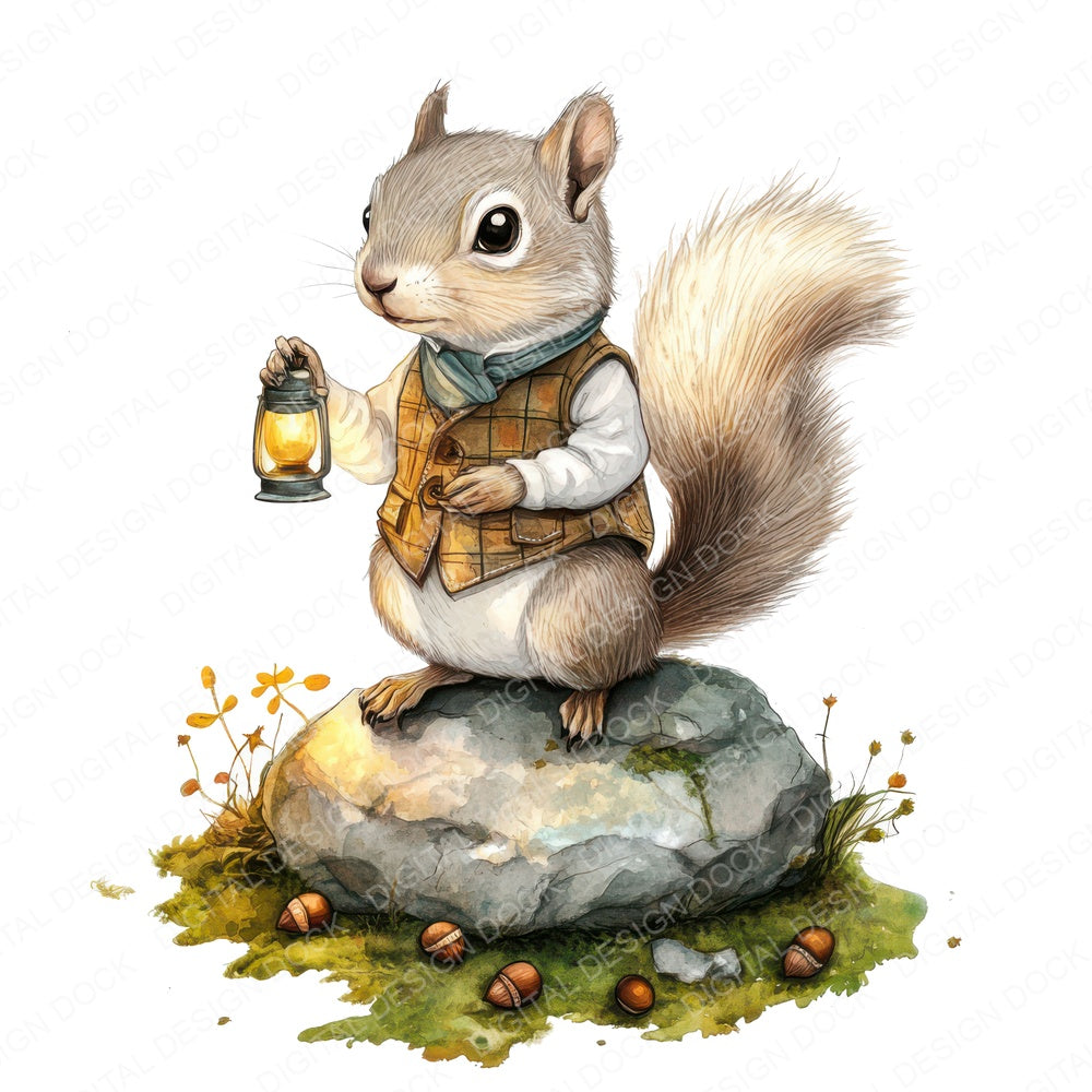 Squirrel with Lantern and Acorns fussy cut sheet in US Letter format showing all 12 designs on one printable page