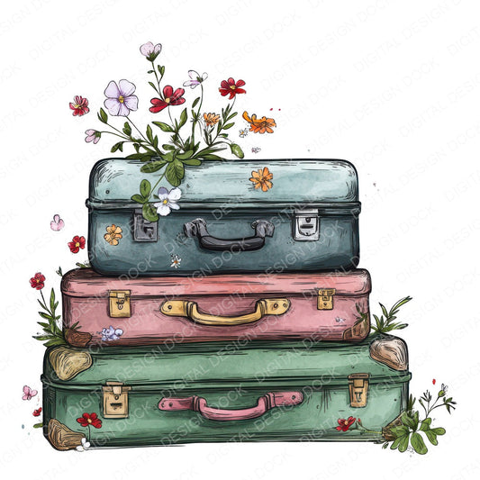 Suitcases with Blooming Flowers fussy cut sheet in US Letter format showing all 12 designs on one printable page