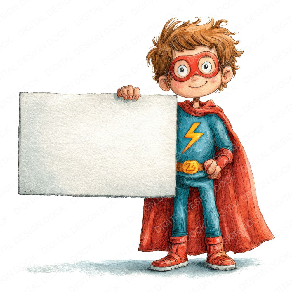 Superhero Boy with Banner fussy cut sheet in US Letter format showing all 12 designs on one printable page