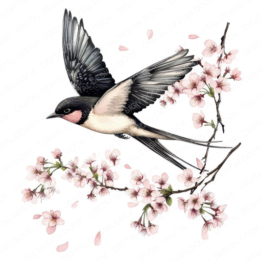 Swallow with Cherry Blossoms fussy cut sheet in US Letter format showing all 12 designs on one printable page