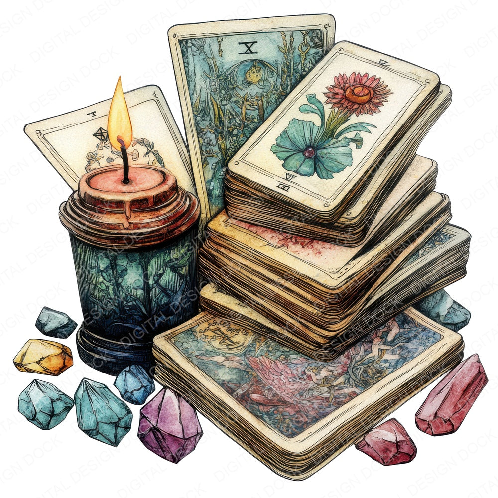 Tarot Cards and Crystals fussy cut sheet in US Letter format showing all 12 designs on one printable page