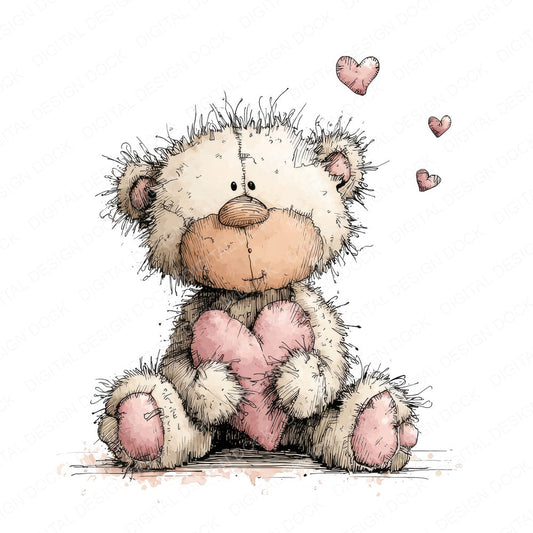 Tatty Bear Valentine fussy cut sheet in US Letter format showing all 12 designs on one printable page