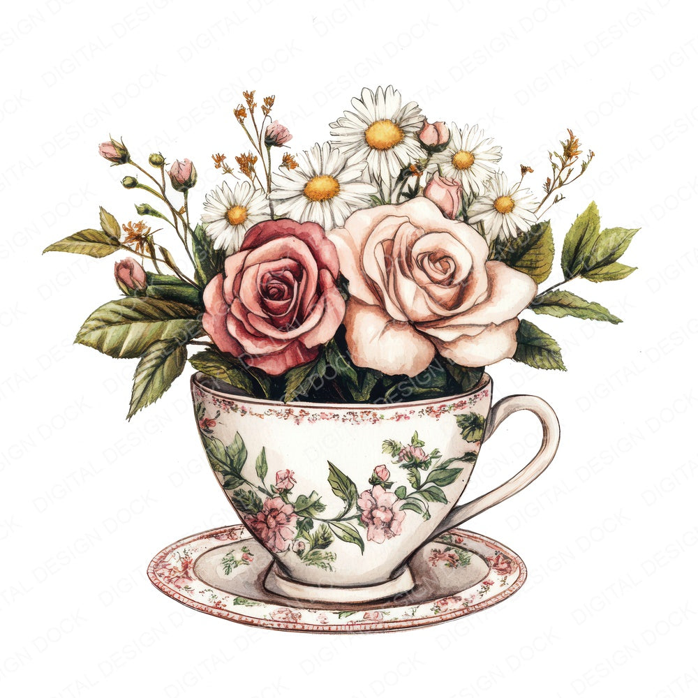 Teacup Overflowing with Flowers fussy cut sheet in US Letter format showing all 12 designs on one printable page