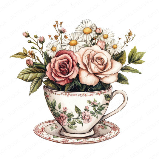 Teacup Overflowing with Flowers fussy cut sheet in US Letter format showing all 12 designs on one printable page