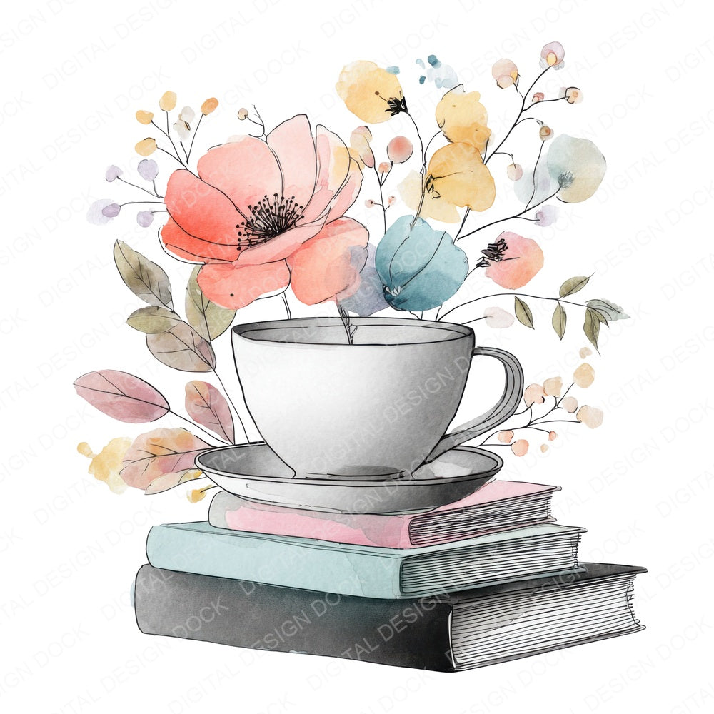 Teacup on Books with Flowers fussy cut sheet in US Letter format showing all 12 designs on one printable page