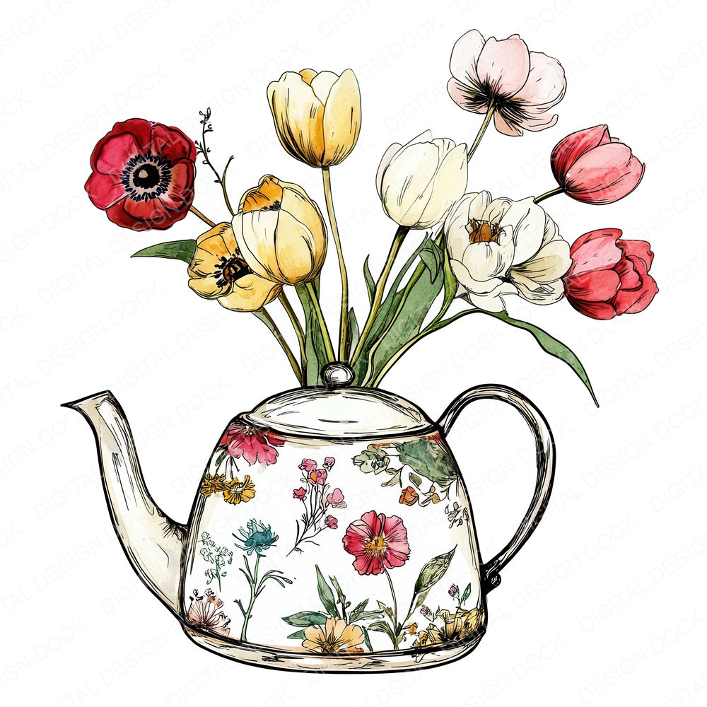 Teakettle Blooming with Flowers fussy cut sheet in US Letter format showing all 12 designs on one printable page