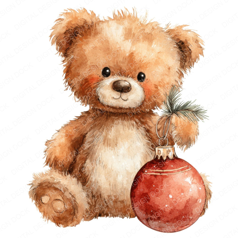 Teddy Bear with Christmas Bauble fussy cut sheet in US Letter format showing all 12 designs on one printable page
