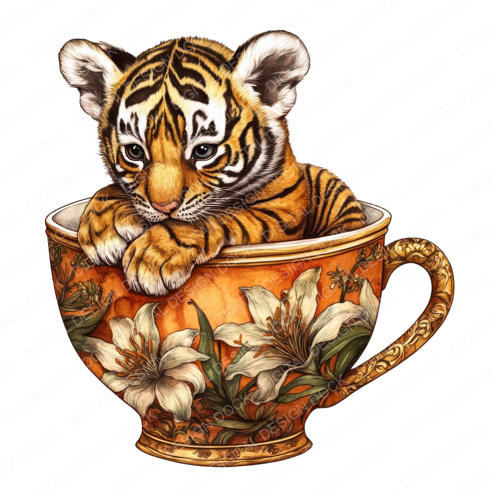 Tiger Cub in Lily Teacup fussy cut sheet in US Letter format showing all 12 designs on one printable page
