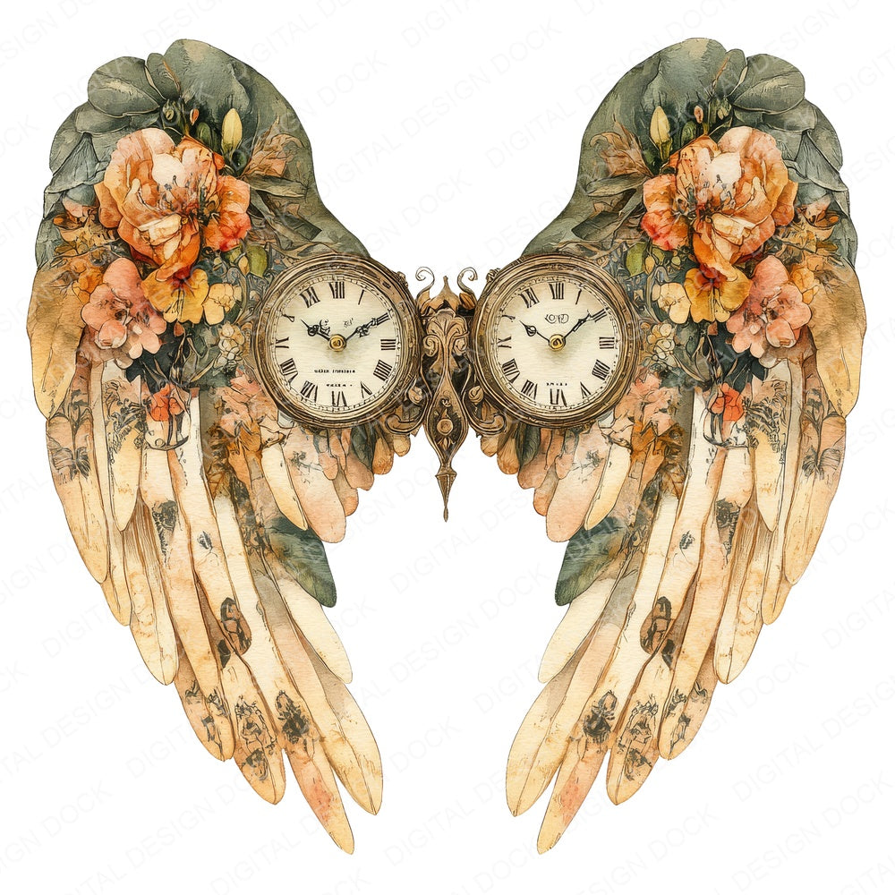 Timeless Clock Angel Wings fussy cut sheet in US Letter format showing all 12 designs on one printable page