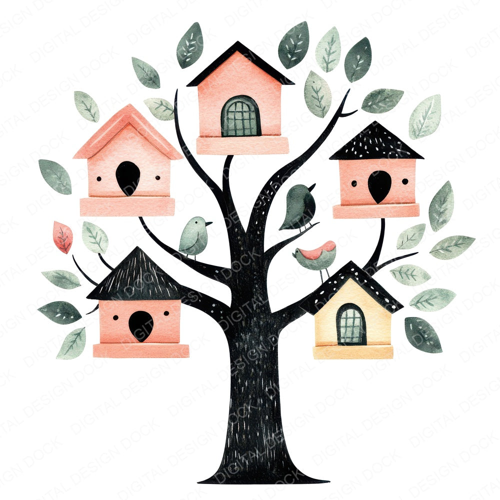 Tiny Bird Houses in Tree fussy cut sheet in US Letter format showing all 12 designs on one printable page