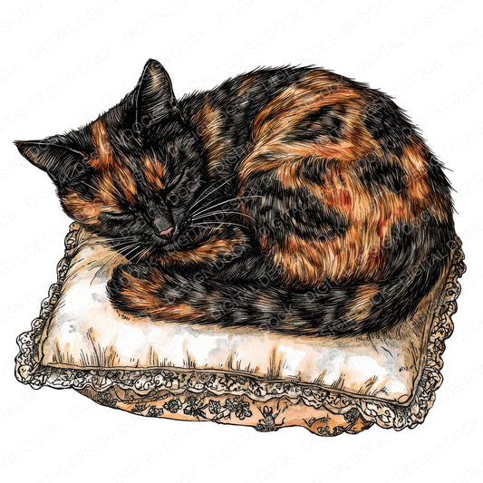 Tortoiseshell Cat on Cushion fussy cut sheet in US Letter format showing all 12 designs on one printable page