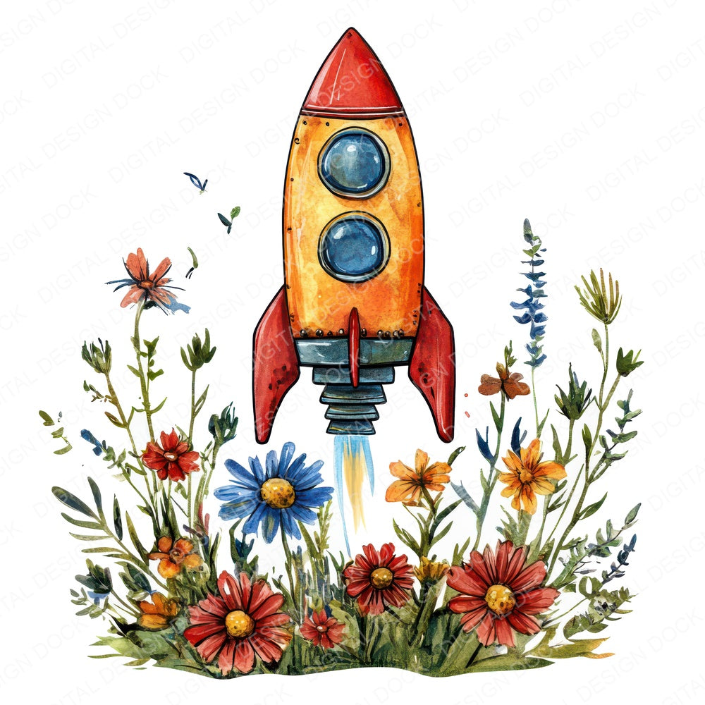 Toy Rocket in Wildflowers fussy cut sheet in US Letter format showing all 12 designs on one printable page
