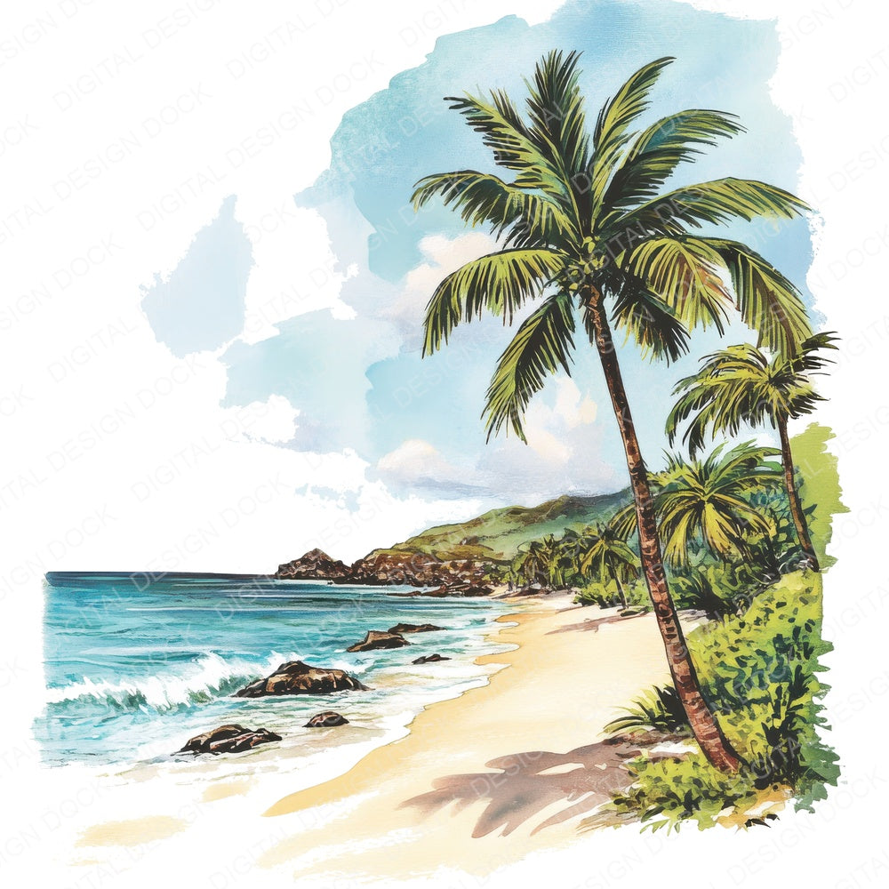 Tropical Beach Scene fussy cut sheet in US Letter format showing all 12 designs on one printable page