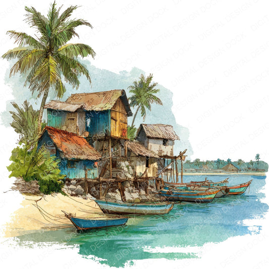 Tropical Fishing Village fussy cut sheet in US Letter format showing all 12 designs on one printable page
