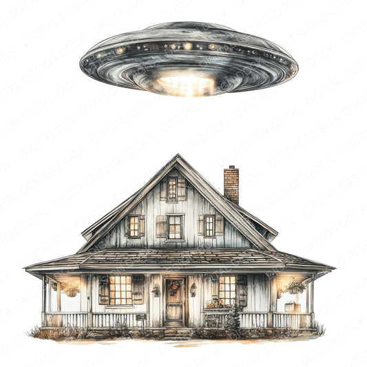 UFO Over Farmhouse fussy cut sheet in US Letter format showing all 12 designs on one printable page
