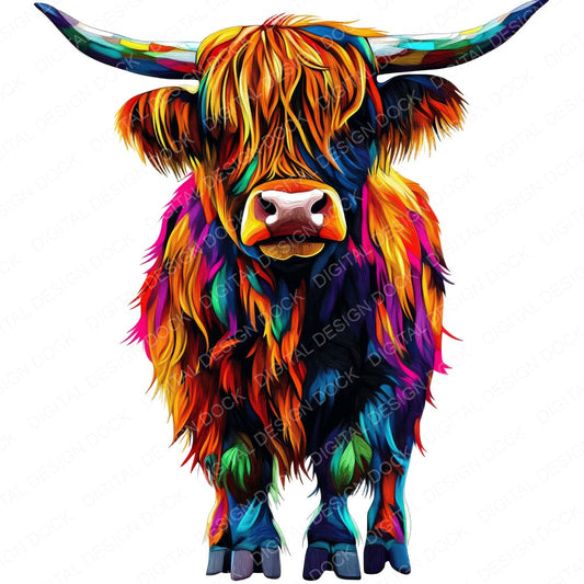 Vibrant Oil Paint Highland Cow fussy cut sheet in US Letter format showing all 12 designs on one printable page