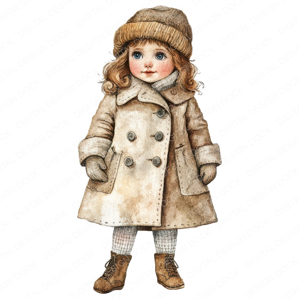 Victorian Child in Winter Coat fussy cut sheet in US Letter format showing all 12 designs on one printable page