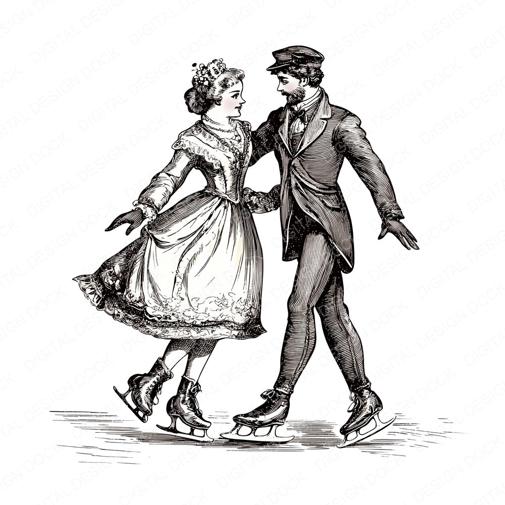 Victorian Couple Ice Skating fussy cut sheet in US Letter format showing all 12 designs on one printable page