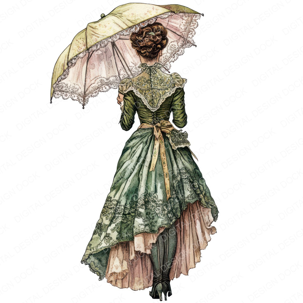 Victorian Lady with Lace Umbrella fussy cut sheet in US Letter format showing all 12 designs on one printable page