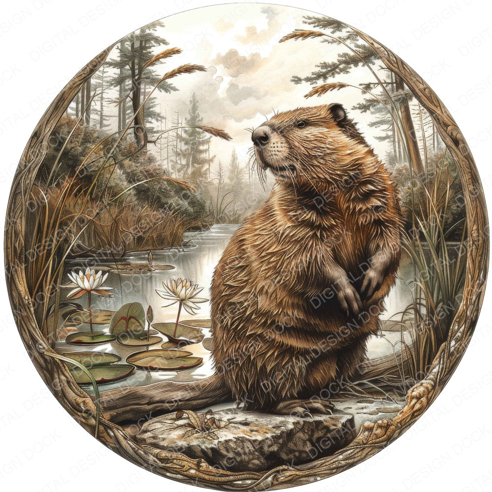 Vintage Beaver Stream Illustration fussy cut sheet in US Letter format showing all 12 designs on one printable page