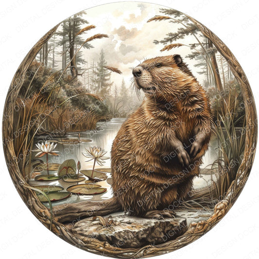 Vintage Beaver Stream Illustration fussy cut sheet in US Letter format showing all 12 designs on one printable page