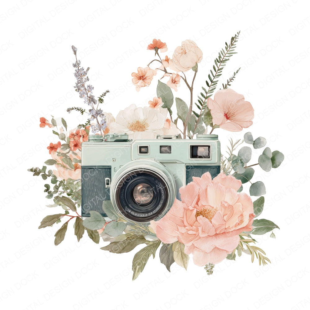 Vintage Camera with Flowers fussy cut sheet in US Letter format showing all 12 designs on one printable page