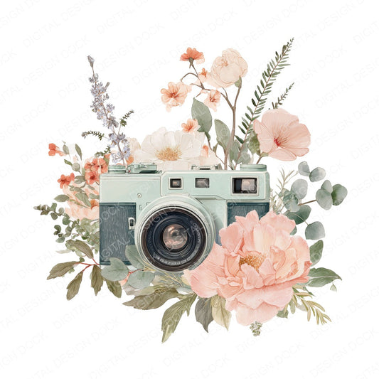 Vintage Camera with Flowers fussy cut sheet in US Letter format showing all 12 designs on one printable page
