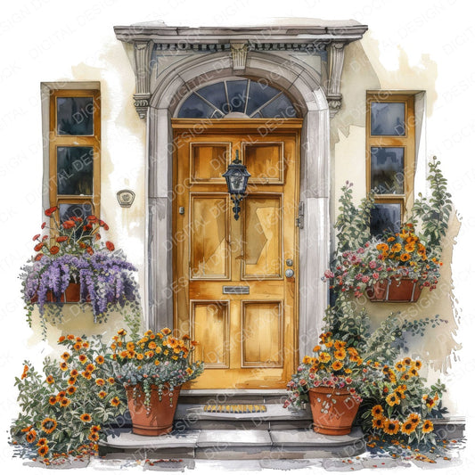 Vintage Front Door with Flower Pots fussy cut sheet in US Letter format showing all 12 designs on one printable page