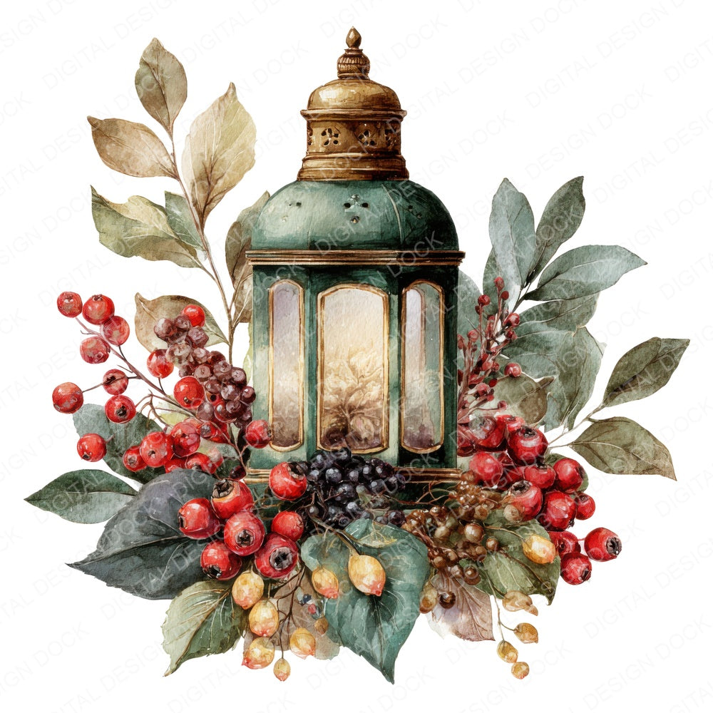 Vintage Lantern with Winter Foliage fussy cut sheet in US Letter format showing all 12 designs on one printable page