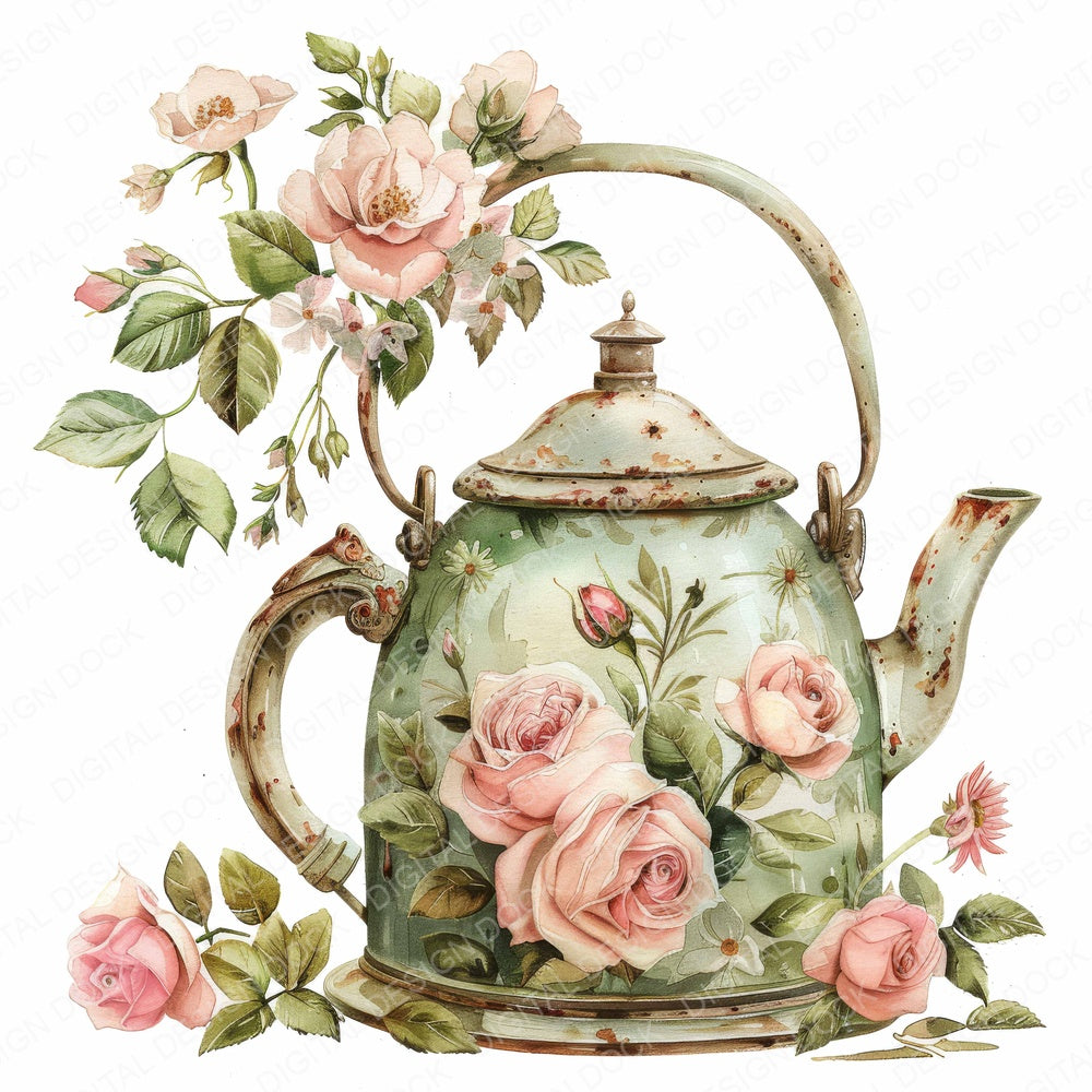 Vintage Rustic Floral Teapot fussy cut sheet in US Letter format showing all 12 designs on one printable page