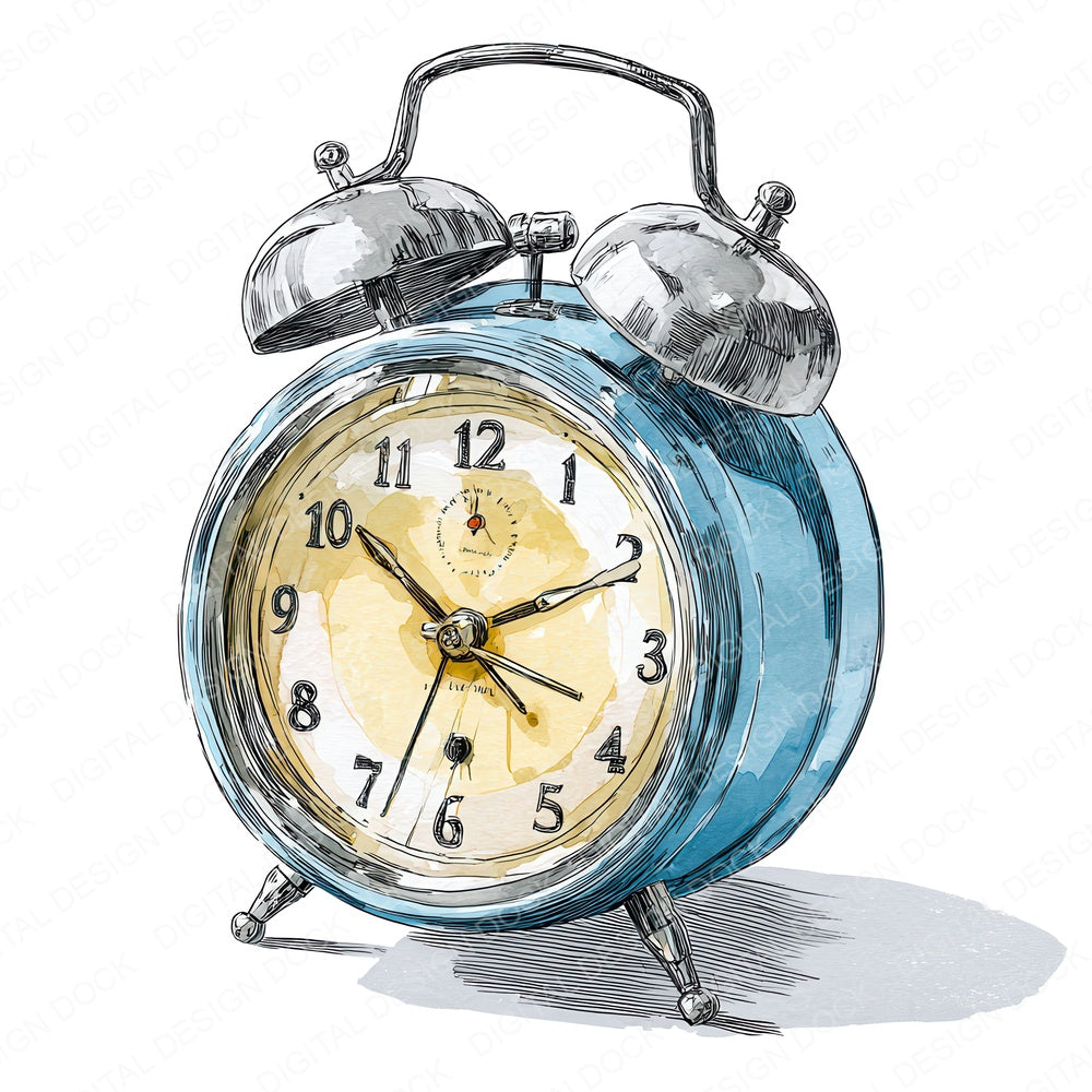 Watercolour Alarm Clock fussy cut sheet in US Letter format showing all 12 designs on one printable page