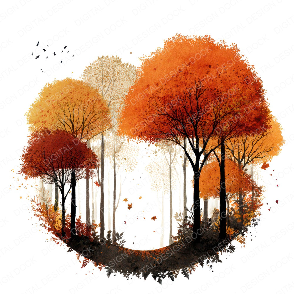 Watercolour Autumn Forest Circle fussy cut sheet in US Letter format showing all 12 designs on one printable page