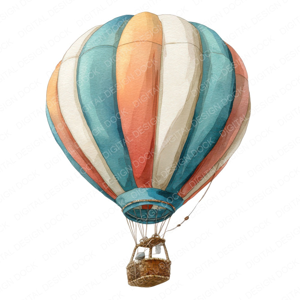 Watercolour Balloon Basket fussy cut sheet in US Letter format showing all 12 designs on one printable page
