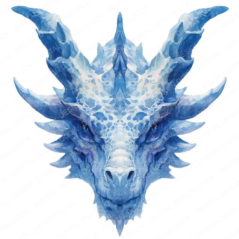 Watercolour Blue Dragon Head fussy cut sheet in US Letter format showing all 12 designs on one printable page