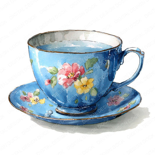 Watercolour Blue Floral Teacup fussy cut sheet in US Letter format showing all 12 designs on one printable page