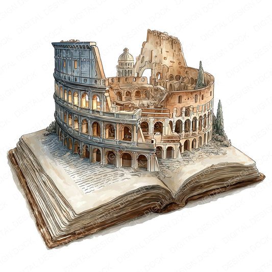 Watercolour Book with Colosseum fussy cut sheet in US Letter format showing all 12 designs on one printable page