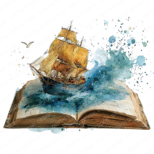 Watercolour Book with Ship fussy cut sheet in US Letter format showing all 12 designs on one printable page