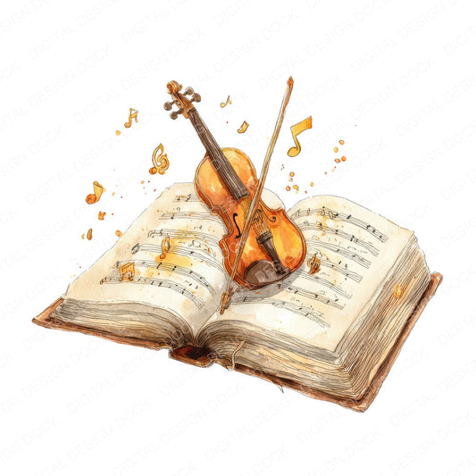 Watercolour Book with Violin fussy cut sheet in US Letter format showing all 12 designs on one printable page