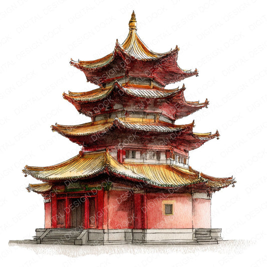 Watercolour Buddhist Pagoda fussy cut sheet in US Letter format showing all 12 designs on one printable page