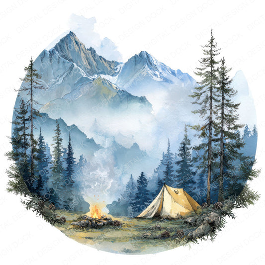 Watercolour Camping Circle Clipart Set (DDD008537)