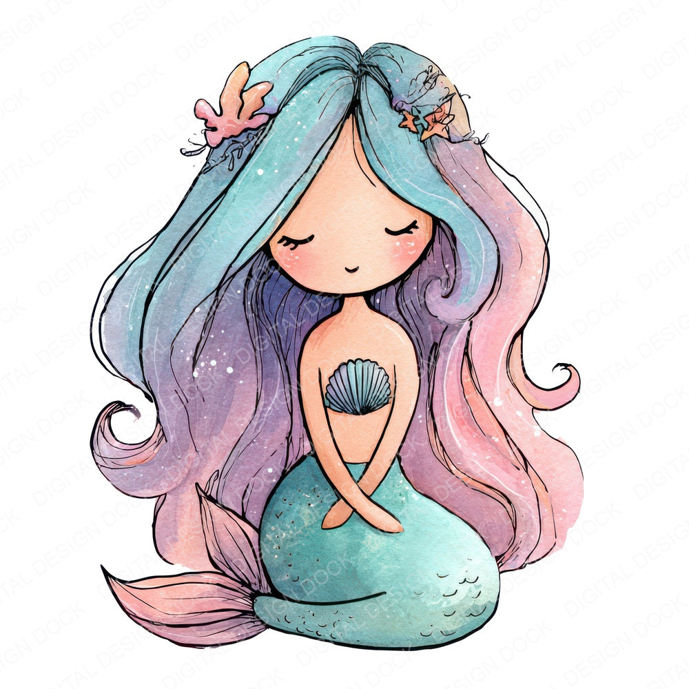 Watercolour Cartoon Mermaid fussy cut sheet in US Letter format showing all 12 designs on one printable page