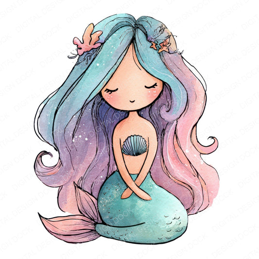 Watercolour Cartoon Mermaid fussy cut sheet in US Letter format showing all 12 designs on one printable page