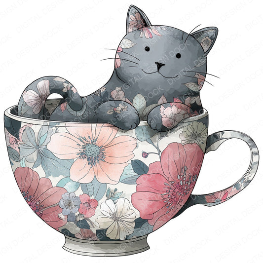 Watercolour Cat Teacup fussy cut sheet in US Letter format showing all 12 designs on one printable page