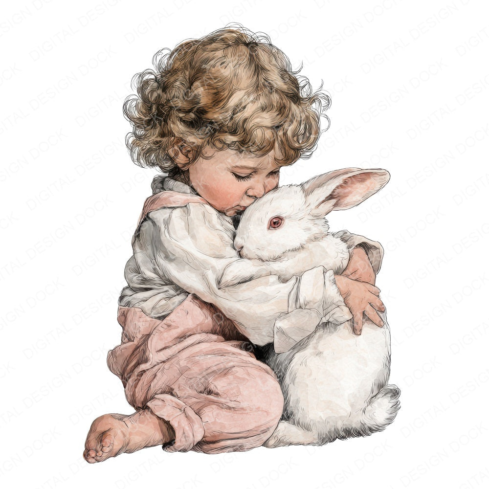 Watercolour Child Hugging Rabbit fussy cut sheet in US Letter format showing all 12 designs on one printable page