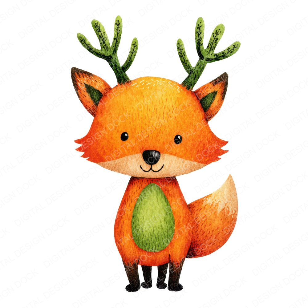 Watercolour Christmas Fox Antlers fussy cut sheet in US Letter format showing all 12 designs on one printable page